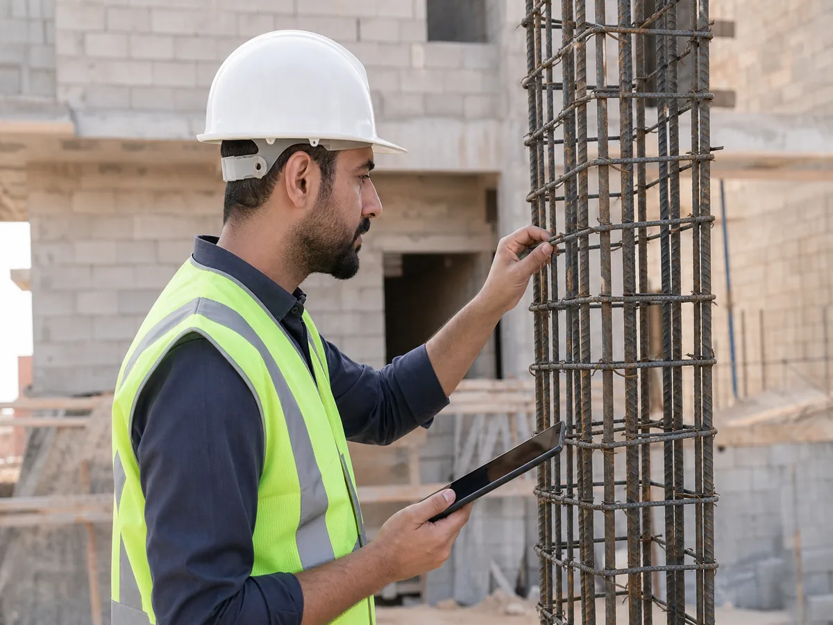 Ingénieur inspectant le ferraillage sur un chantier résidentiel au Maroc