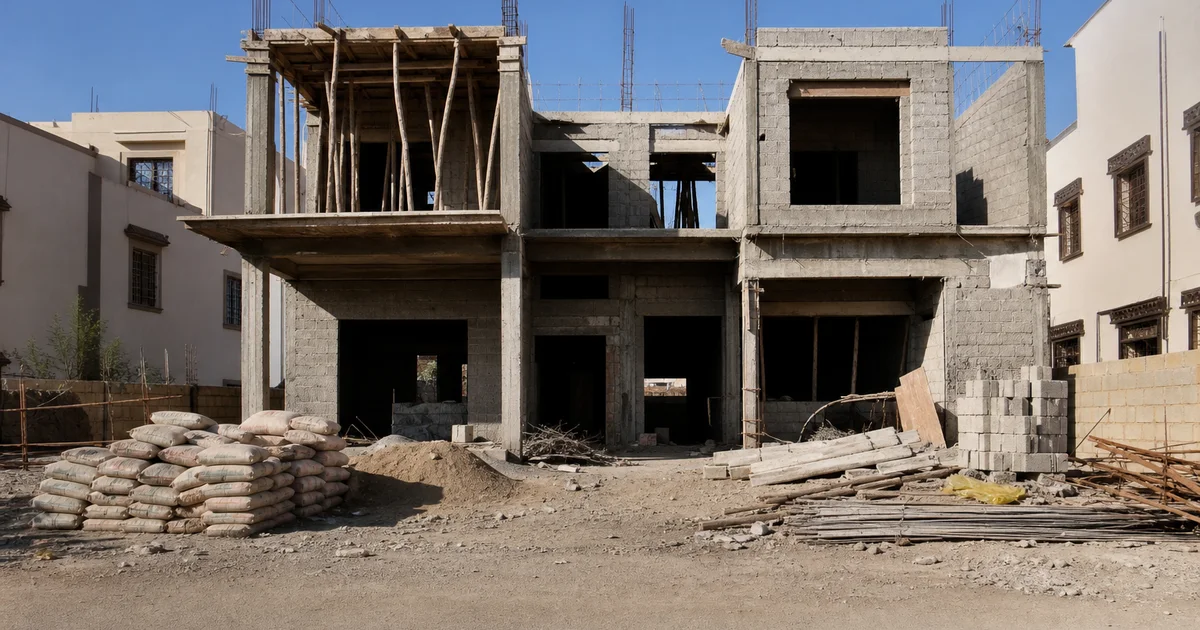 Chantier résidentiel à l'arrêt avec artisans et matériaux laissés sur site