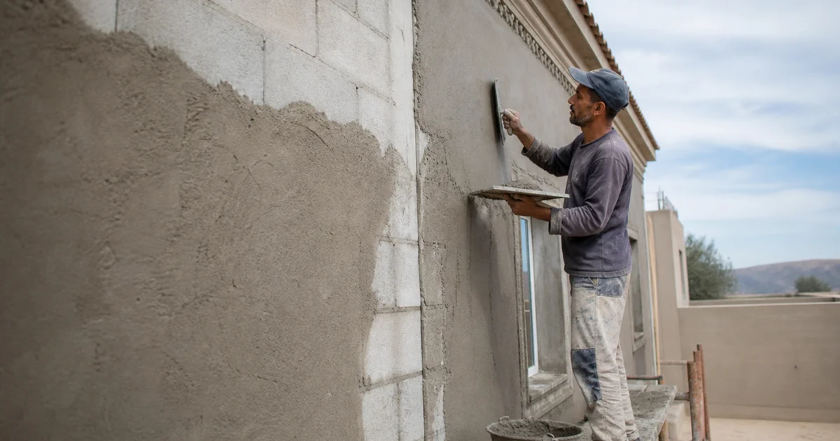 Application d'enduit de façade sur chantier résidentiel