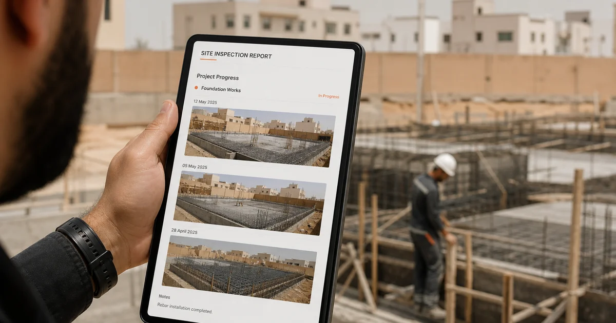 Rapport de chantier avec photos d'avancement consulté sur téléphone